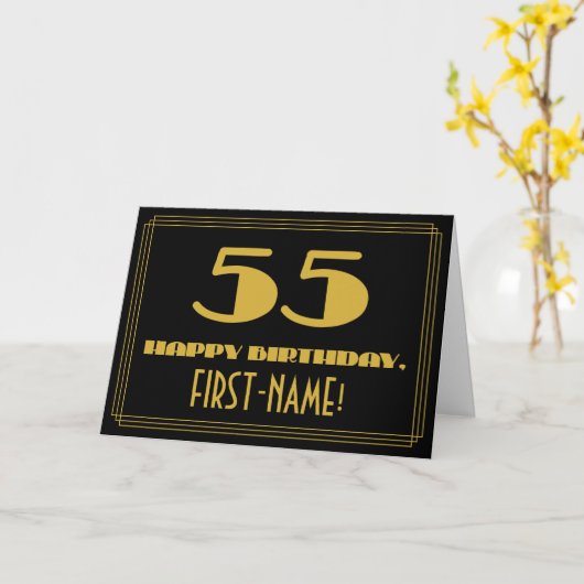 55歳の誕生日：名前 + アールデコ調のデザイン「55」 カード (黄色い花)
