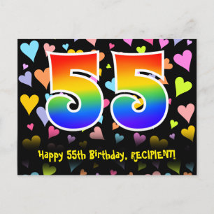 55歳の誕生日:楽しいハート柄、虹色55 ポストカード