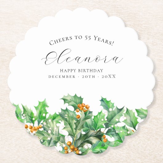 55歳の誕生日 12月の誕生花 セイヨウヒイラギ オーダーメイド ペーパーコースター (正面)
