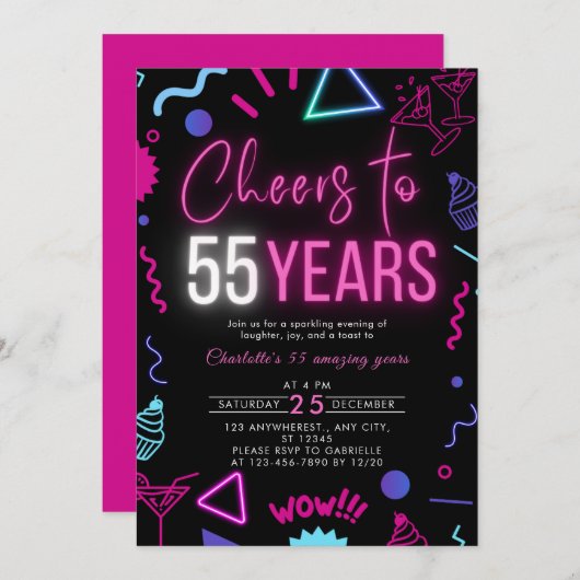 55歳モダン55歳の誕生日パーティーへのネオン応援 招待状 (正面/裏面)