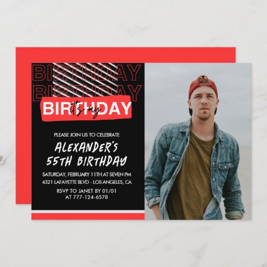 55歳招待状メンズパーティーフォトレッド 招待状 (正面/裏面)