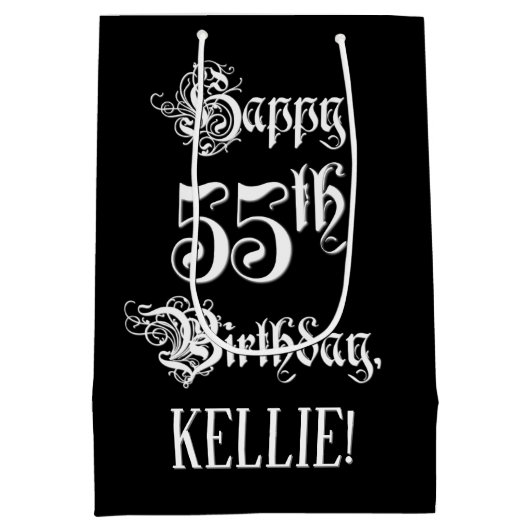 55番目の誕生日: ファンシー、スクリプエレガントト+名前をカスタムする ミディアムペーパーバッグ (裏面)