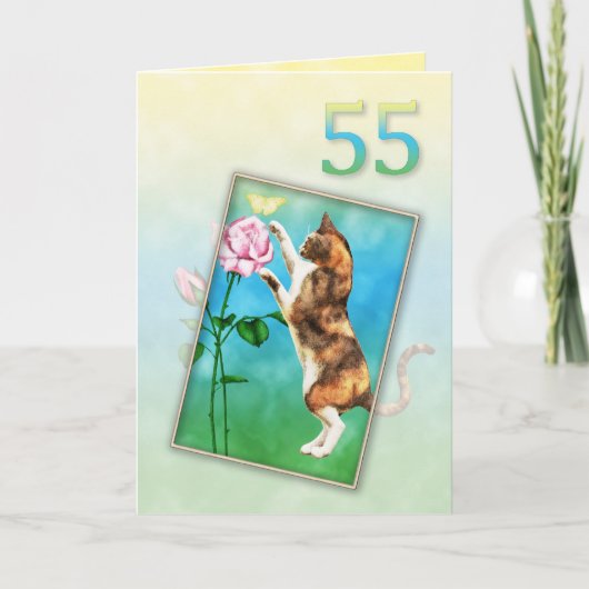 55誕生日と猫よくはしゃぐの カード (正面)