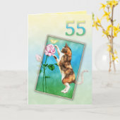 55誕生日と猫よくはしゃぐの カード (黄色い花)