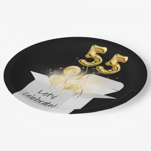 55誕生日の金ゴールドバルーンを白いボックスで表示 ペーパープレート (アングル)