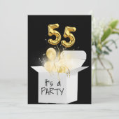 55誕生日の金ゴールドバルーンを白いボックスで表示 招待状 (スタンド正面)
