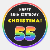 55誕生日カラフル: Rainbow # 55,名前をカスタムする ラウンドシール (正面)