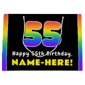 55誕生日カラフル: Rainbow # 55,名前をカスタムする ラージペーパーバッグ (正面)