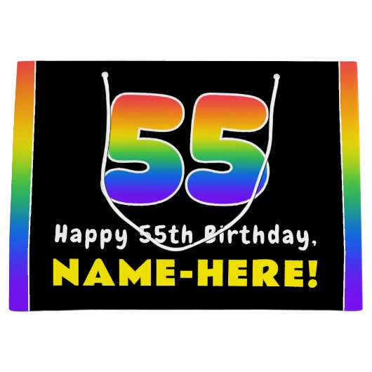 55誕生日カラフル: Rainbow # 55,名前をカスタムする ラージペーパーバッグ (正面)