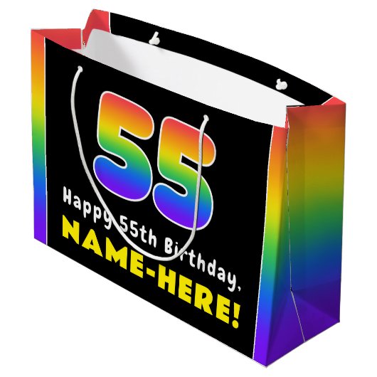 55誕生日カラフル: Rainbow # 55,名前をカスタムする ラージペーパーバッグ (裏面アングル)