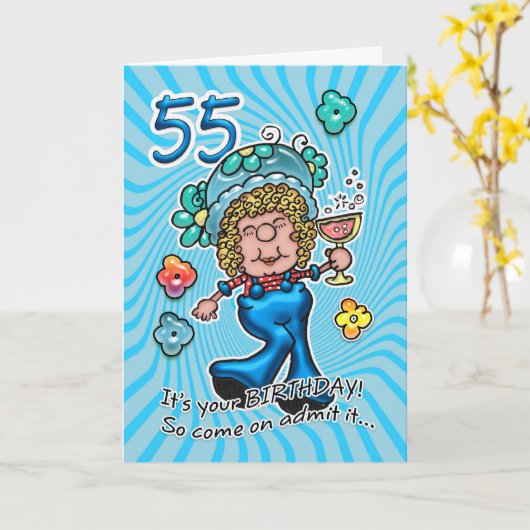 55誕生日カード – ワインのグラスとおもしろいレディ カード (黄色い花)