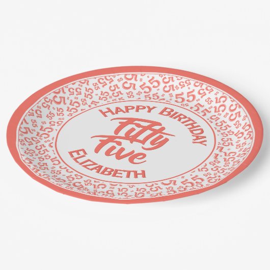 55誕生日クール番号模様サンゴ/白 ペーパープレート (アングル)