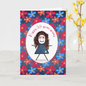 55誕生日スティックガール&デイジーオンデニム カード (黄色い花)