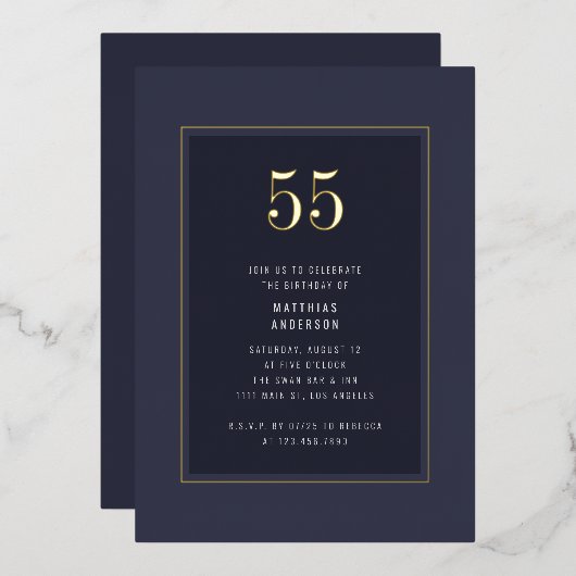 55誕生日ダークミニマルエレガント金ゴールドフレーム 箔招待状 (正面/裏面)
