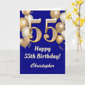 55誕生日ネイビーブルーと金ゴールドバルーン紙吹雪 カード (黄色い花)