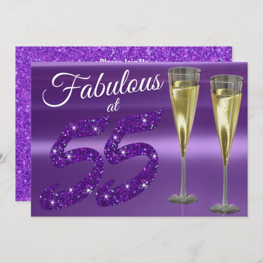 55誕生日パープルガーリーグリッターパーティーで素晴らしい 招待状 (正面/裏面)