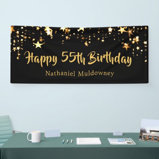 55誕生日ブラシスクリプトブラック金ゴールド星 横断幕 (トレードショー)