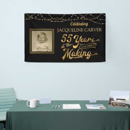 55誕生日ブラックと金ゴールド写真 横断幕 (トレードショー)