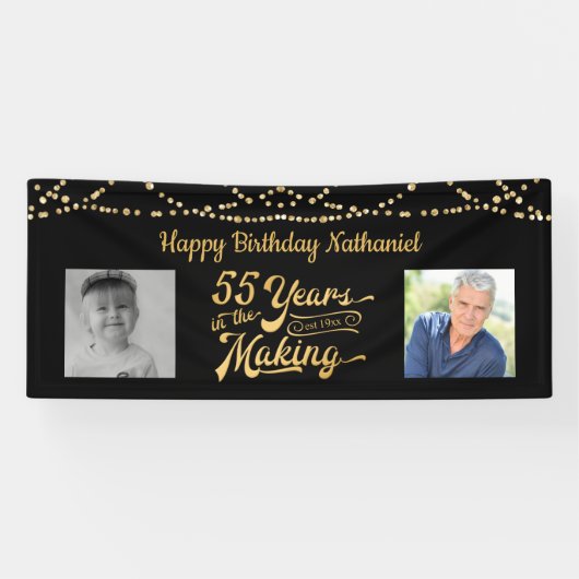 55誕生日ブラック金ゴールドストリングライトレトロ写真 横断幕 (横)