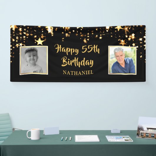 55誕生日ブラック金ゴールド星写真パーソナライズされた 横断幕 (トレードショー)