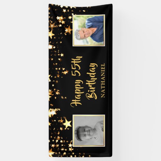 55誕生日ブラック金ゴールド星写真パーソナライズされた 横断幕 (縦)