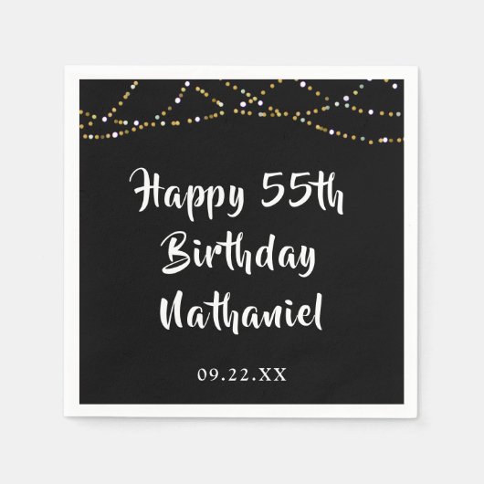 55誕生日モダンString Lights Black スタンダードカクテルナプキン (正面)