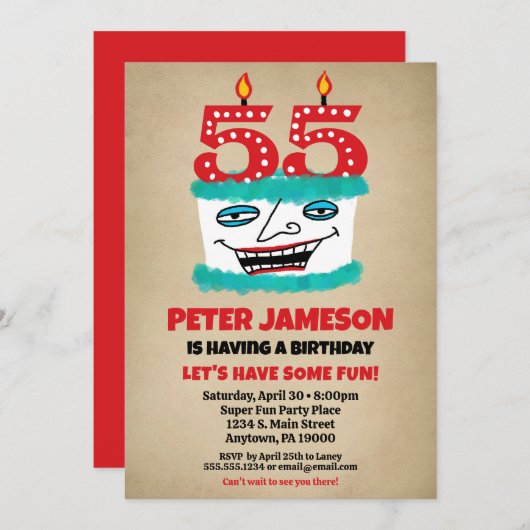 55誕生日招待状おもしろいケーキメカジュアルンス 招待状 (正面/裏面)