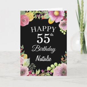 55誕生日水彩フローラフラワーブラックカード カード
