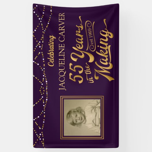 55誕生日紫と金ゴールド写真 横断幕 (縦)