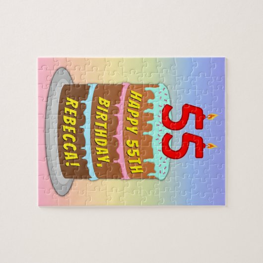 55誕生日:おもしろいケーキとキャンドル+名前をカスタムする ジグソーパズル (横)