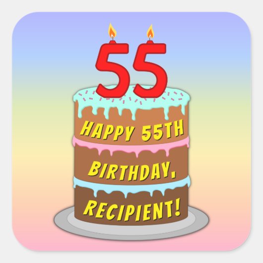 55誕生日:おもしろいケーキとキャンドル+名前をカスタムする スクエアシール (正面)