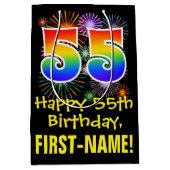 55誕生日:おもしろい花火パターン+虹55 ミディアムペーパーバッグ (正面)