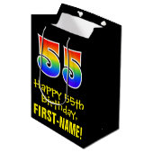 55誕生日:おもしろい、はっきりした、カラフルレインボー「55」 ミディアムペーパーバッグ (正面アングル)
