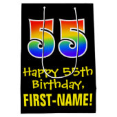 55誕生日:おもしろい、はっきりした、カラフルレインボー「55」 ミディアムペーパーバッグ (裏面)