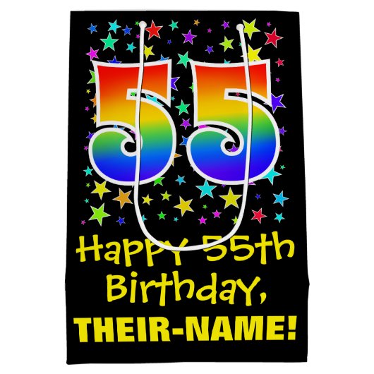 55誕生日:カラフルスターズパターン&レインボー55 ミディアムペーパーバッグ (裏面)