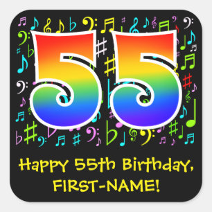 55誕生日:カラフル音楽シンボル、レインボー55 スクエアシール