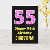 55誕生日:ピンクストライプのハートと55" +名前 カード (黄色い花)