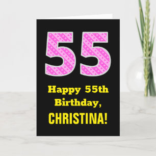 55誕生日:ピンクストライプのハートと55" +名前 カード