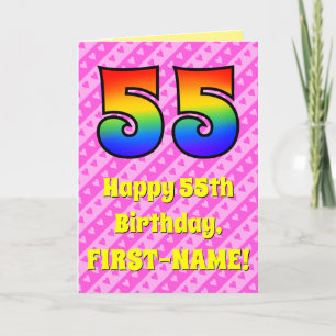 55誕生日:ピンクストライプのハート、レインボー# 55 カード
