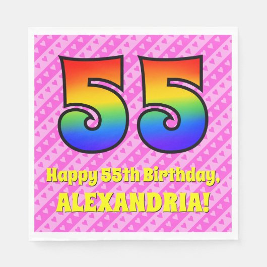 55誕生日:ピンクストライプのハート、レインボー# 55 スタンダードランチョンナプキン (正面)