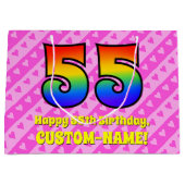 55誕生日：ピンクストライプのハート、レインボー# 55 ラージペーパーバッグ (正面)