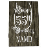 55誕生日: ファンシー, フェイク Wood Look +名前をカスタムする ミディアムペーパーバッグ (正面)