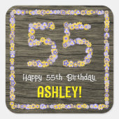 55誕生日:フローラ番号フェイク、木目、名前 スクエアシール (正面)