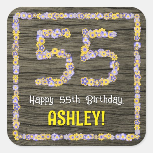 55誕生日:フローラ番号フェイク、木目、名前 スクエアシール (正面)