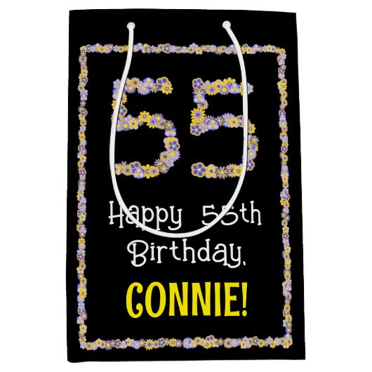 55誕生日:フローラ花数名前をカスタムする ミディアムペーパーバッグ (正面)