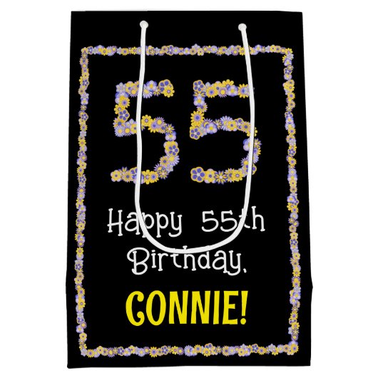 55誕生日:フローラ花数名前をカスタムする ミディアムペーパーバッグ (裏面)