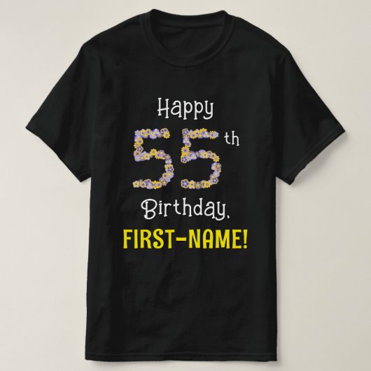 55誕生日:フローラ花数"55" +名前 Tシャツ (デザイン正面)