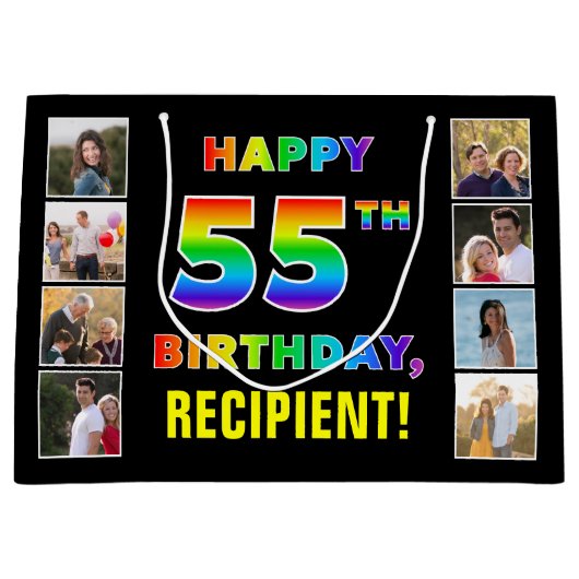 55誕生日：レインボー文字、カスタム写真&名前 ラージペーパーバッグ (正面)