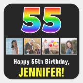 55誕生日：レインボー「55」、写真カスタムと名前 スクエアシール (正面)