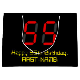 55誕生日：レッドデジタルクロックスタイル"55" +名前 ラージペーパーバッグ